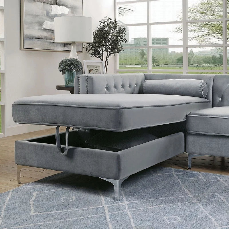 2pc Sectional Sofa Chaise with Storage Grey Flannelette Fabric N35478