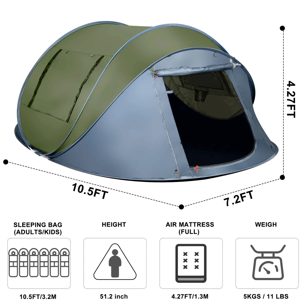 6 Person Pop up Tent 2 Doors Green I807981