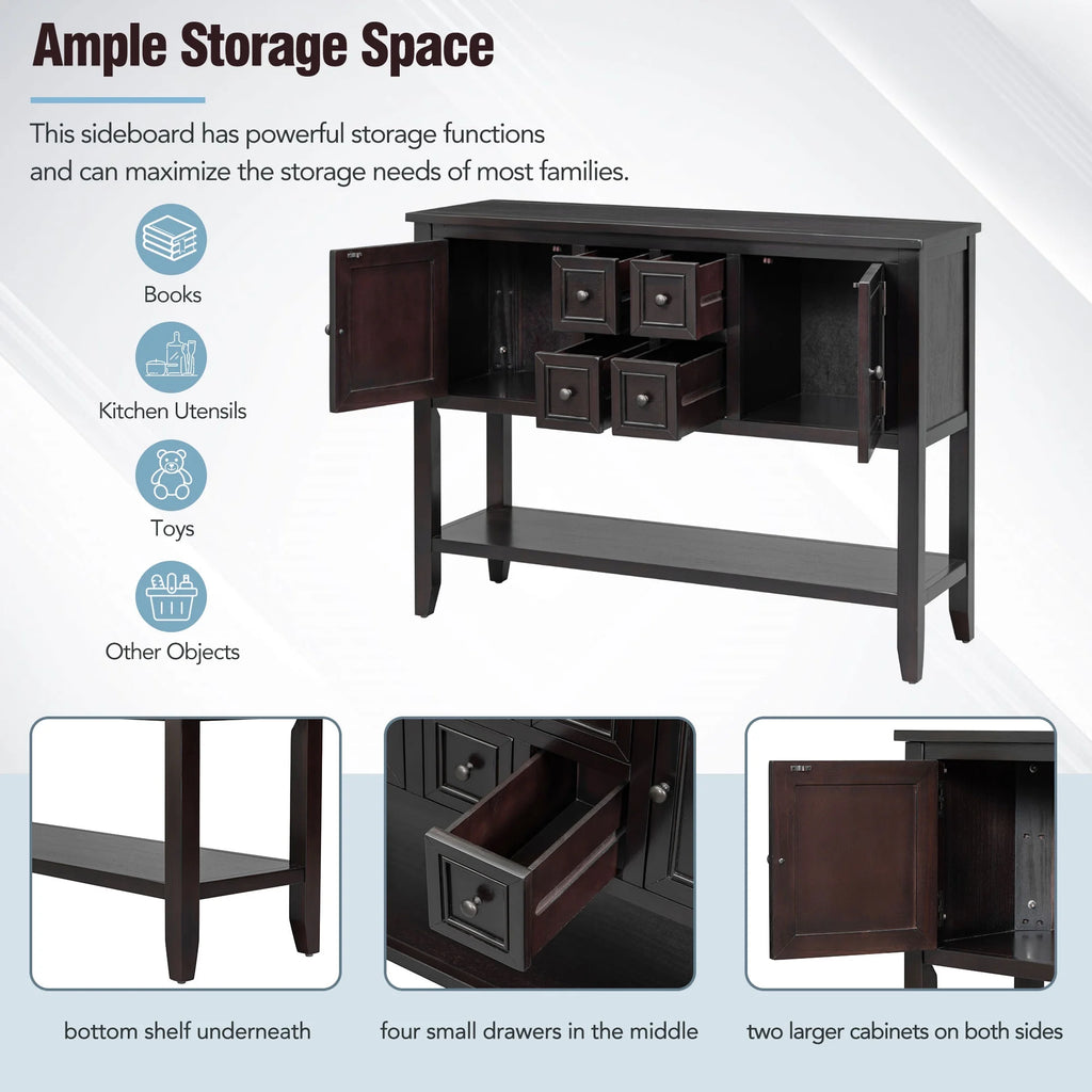Vintage Console Table with Four Drawers and Bottom Shelf, Espresso T714