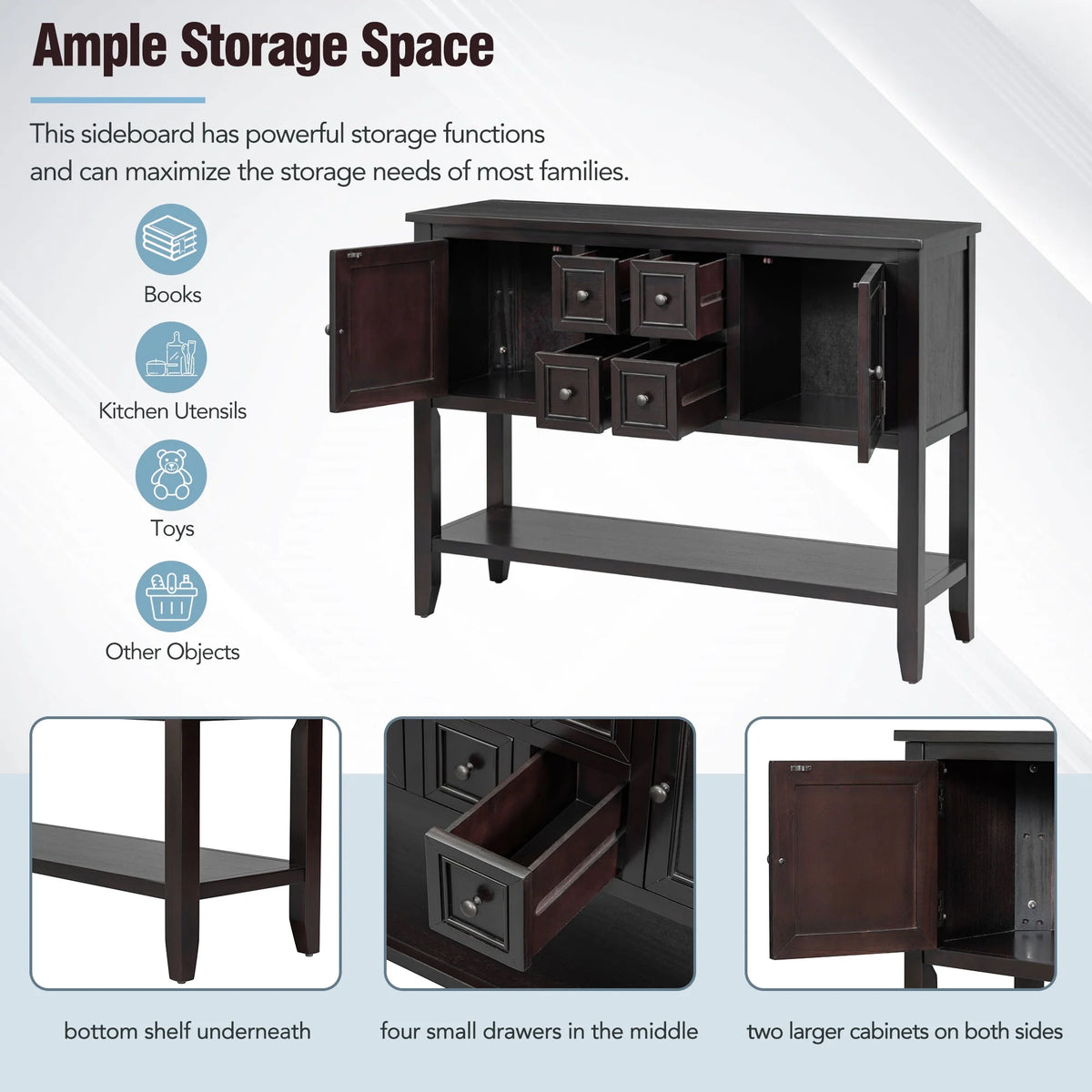 Vintage Console Table with Four Drawers and Bottom Shelf, Espresso T714