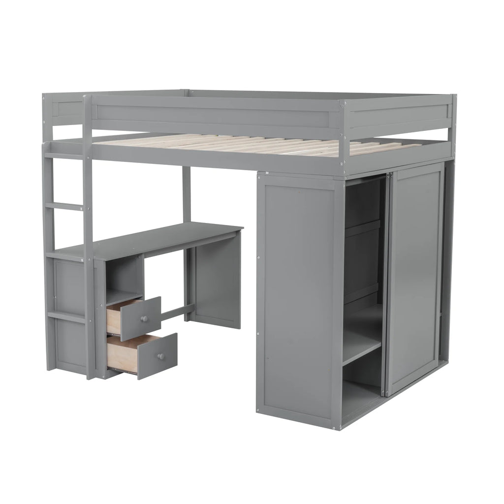 Wood Full Size Loft Bed with Storage Desk, Drawers and Wardrobe O753767