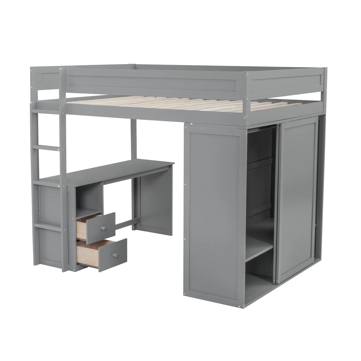 Wood Full Size Loft Bed with Storage Desk, Drawers and Wardrobe O753767
