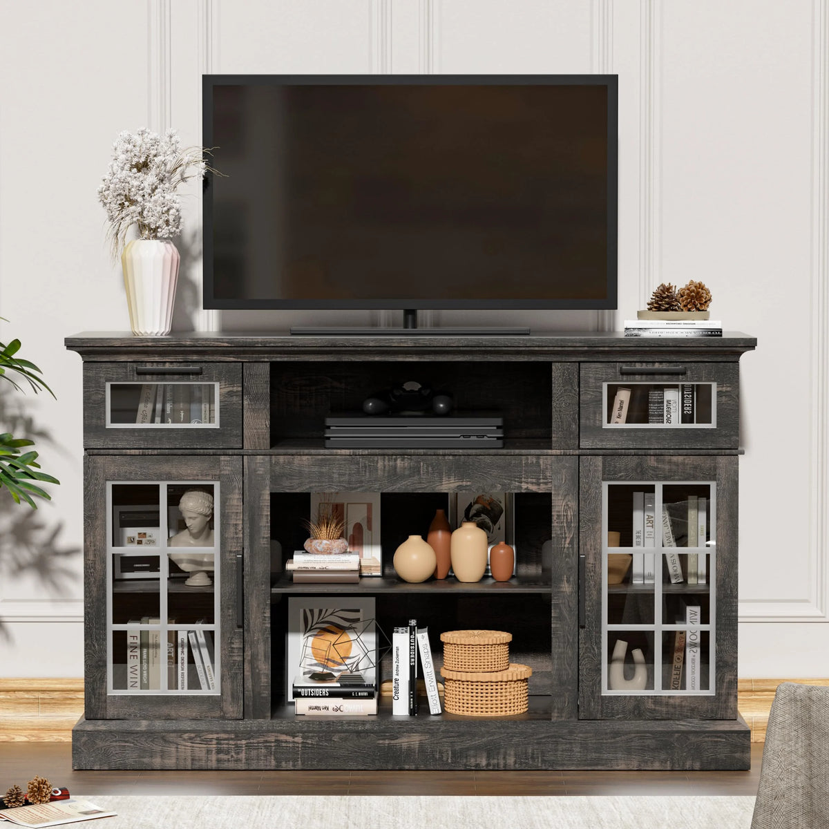 Dark Oak Tall TV Stand with Glass Door H369