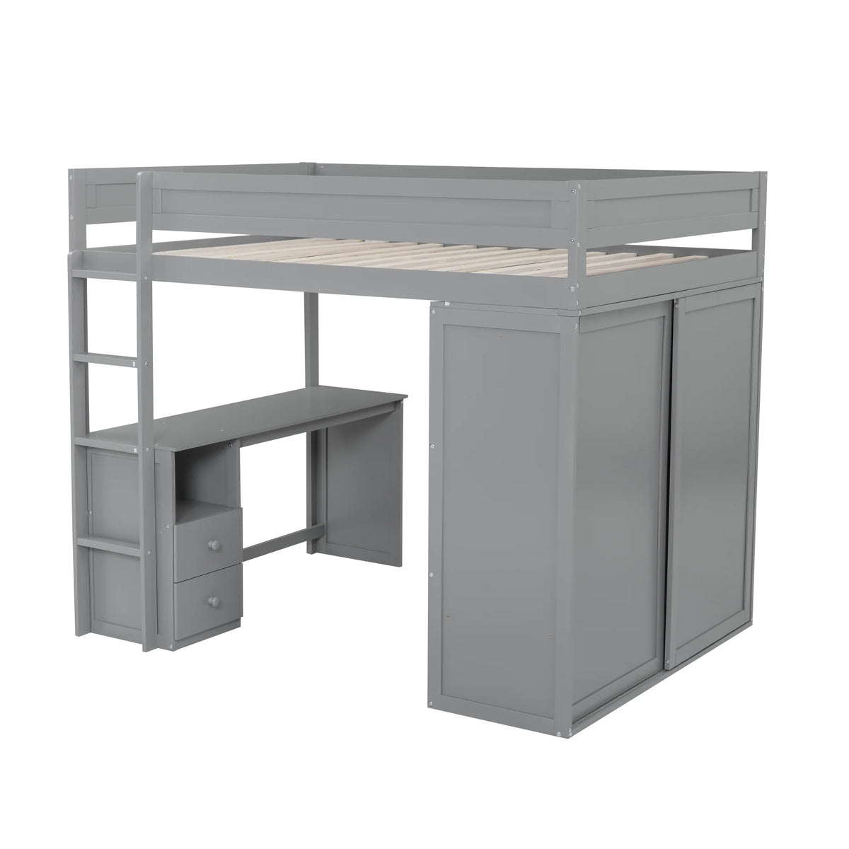 Wood Full Size Loft Bed with Storage Desk, Drawers and Wardrobe O753767