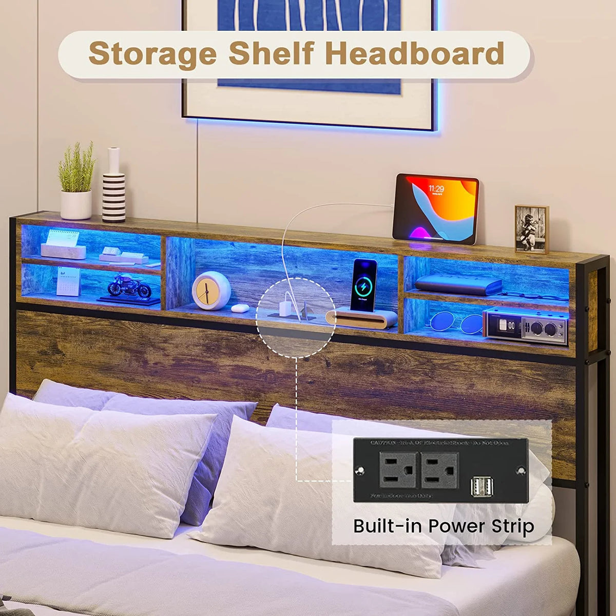 Brown LED Full Bed Frame with Outlets and Storage Drawers X24904