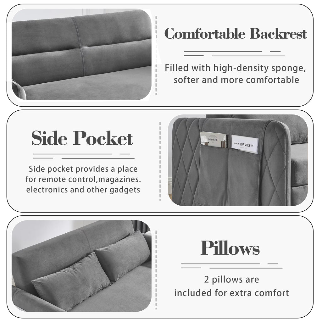 55" Velvet Pull Out Sofa Bed with 2 Pillows Y3819