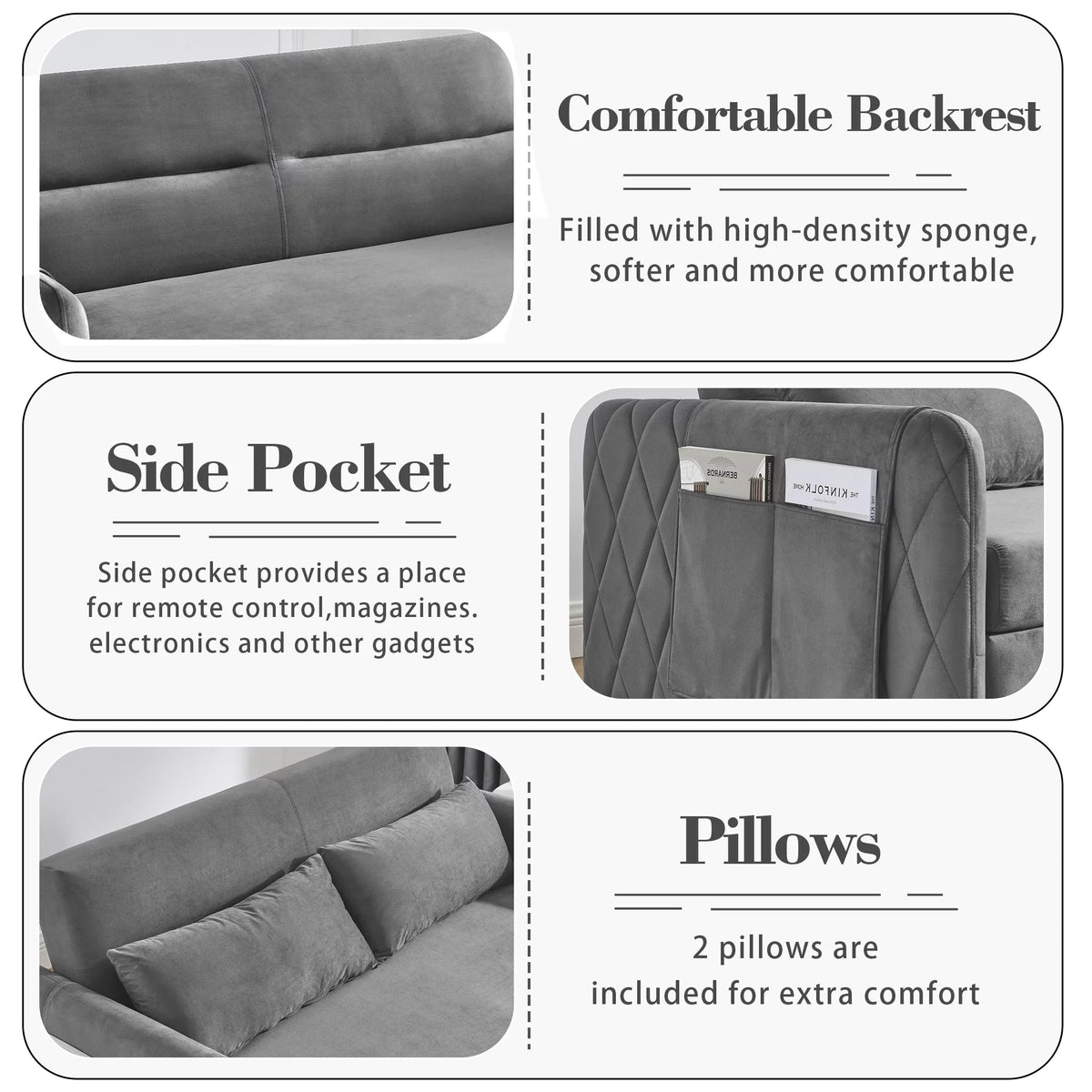 55" Velvet Pull Out Sofa Bed with 2 Pillows Y3819