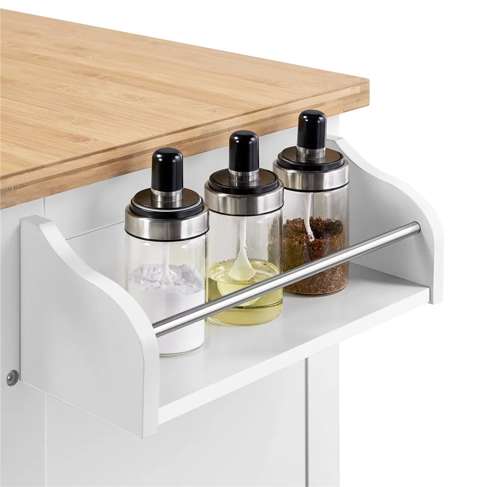 White Rolling Kitchen Cart with Storage and Spice Rack B9630