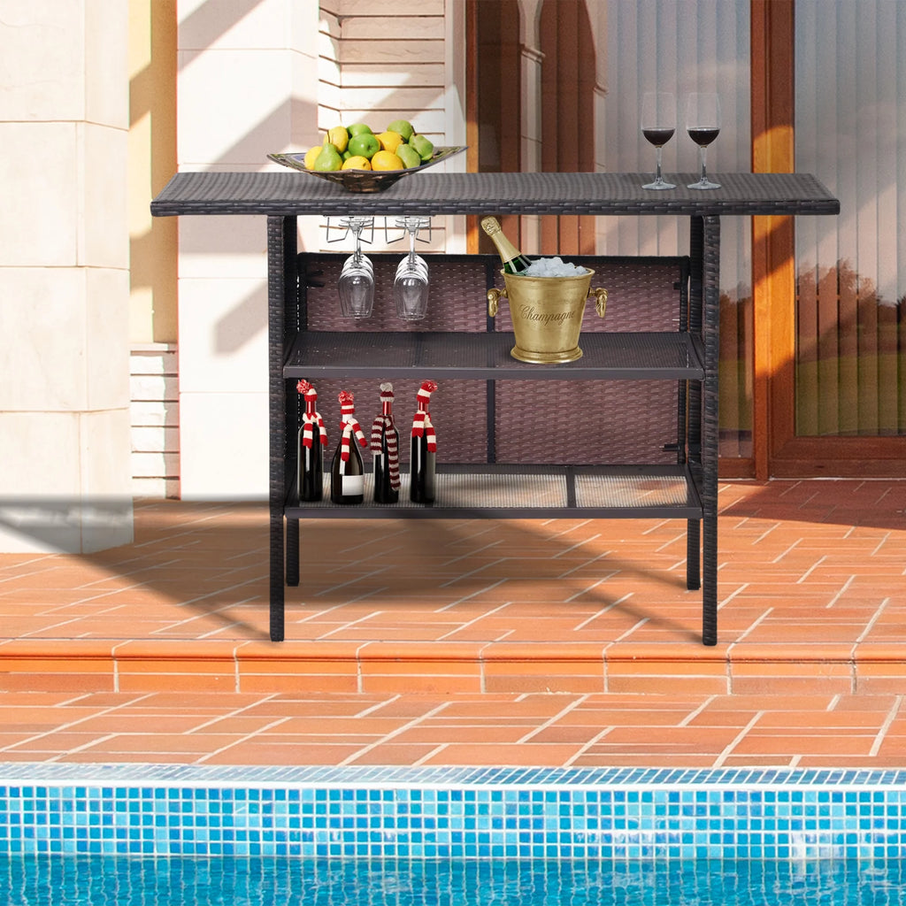 Outdoor Patio Wicker Bar with 2 Storage Shelves R390