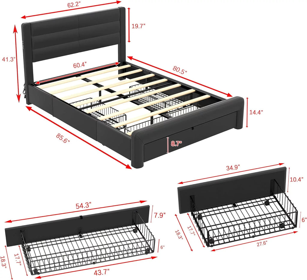 Queen Size Black Leather Upholstered Bed with Headboard and 3 Storage Drawers I6155