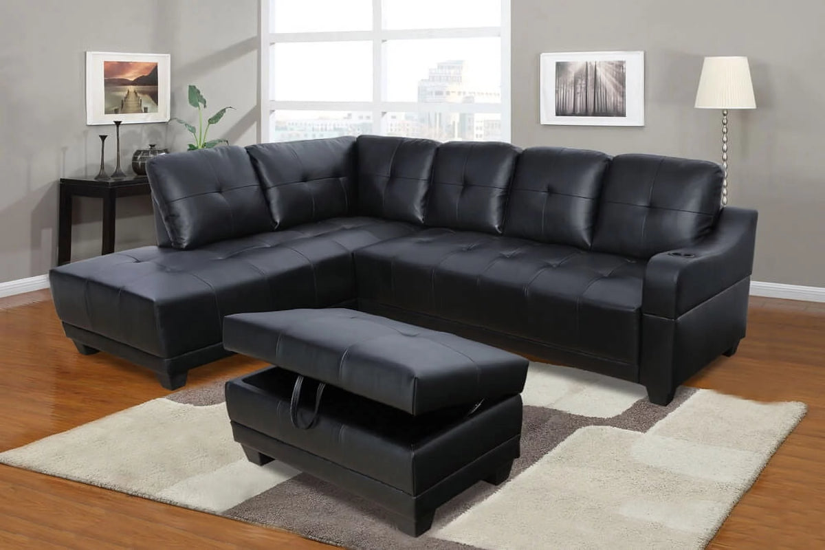 96" Wide Black Leather Left Hand Facing Sectional Sofa & Chaise with Ottoman Y464188