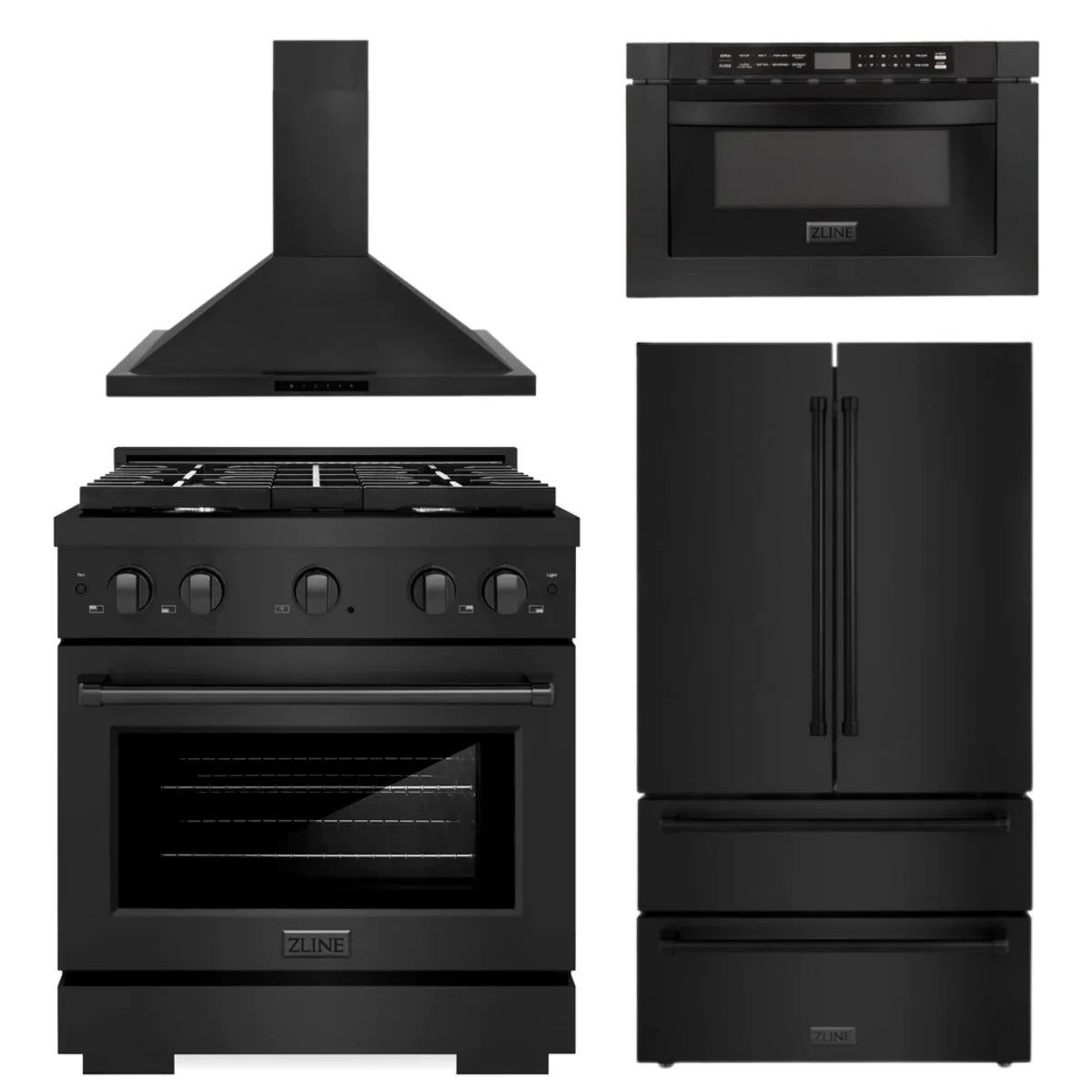 30 in. Gas Range, Range Hood, Microwave, Refrigerator in Black Stainless V86555