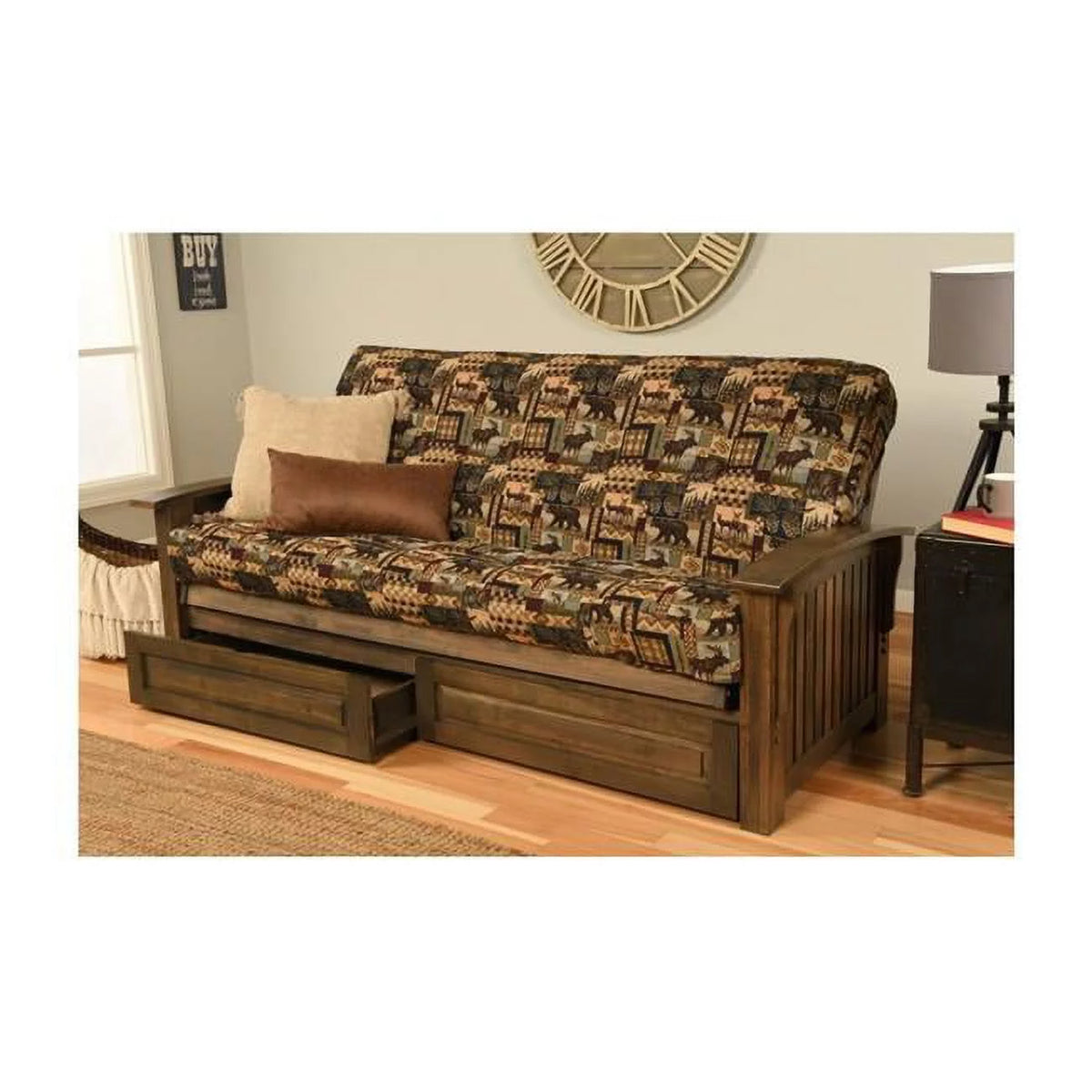 Walnut Full Size Futon Frame with Mattress & Storage Drawers K363