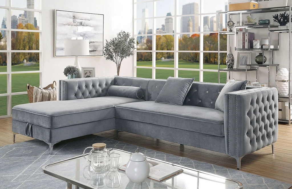 2pc Sectional Sofa Chaise with Storage Grey Flannelette Fabric N35478