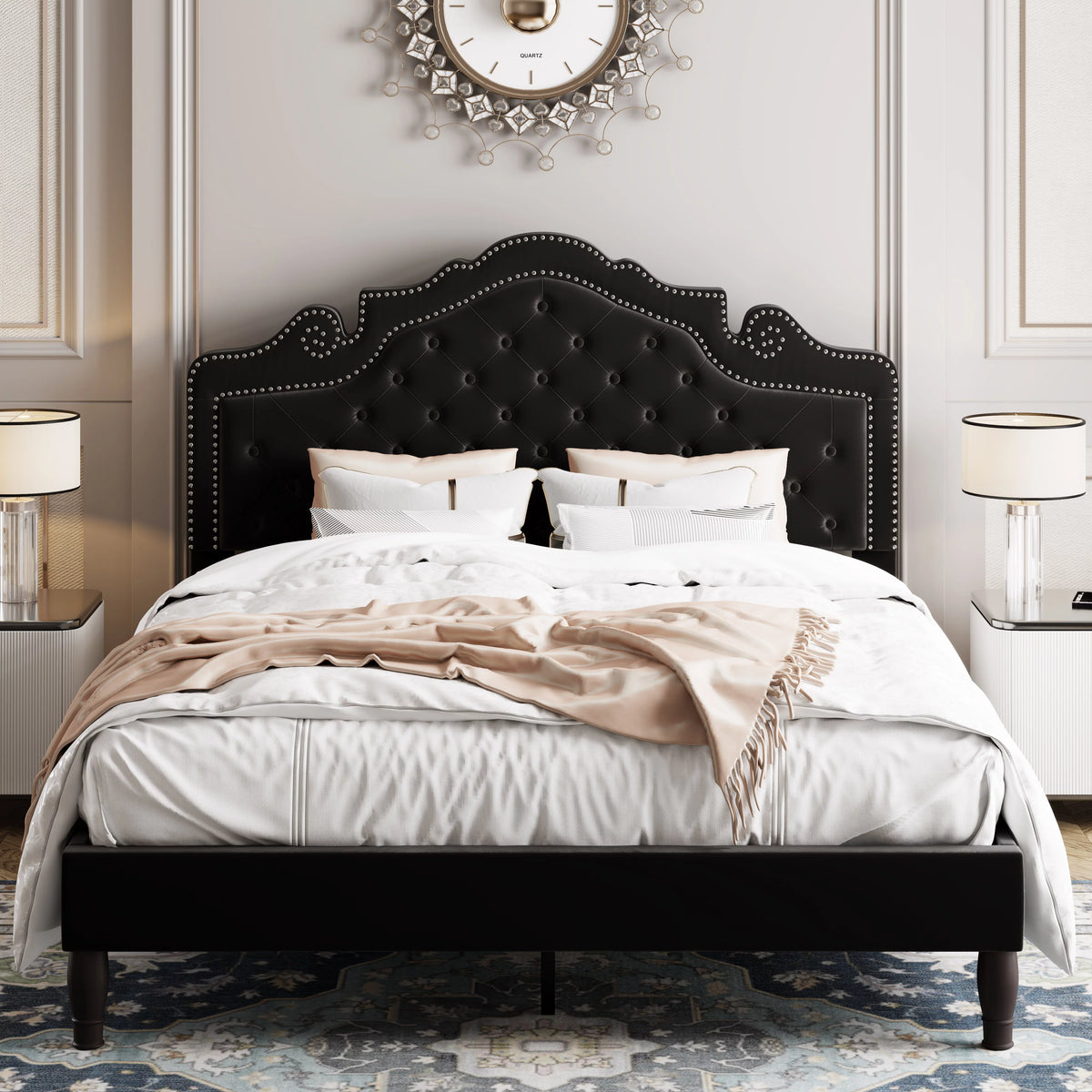 Queen Size Black Velvet Upholstered Platform Bed Frame S81536