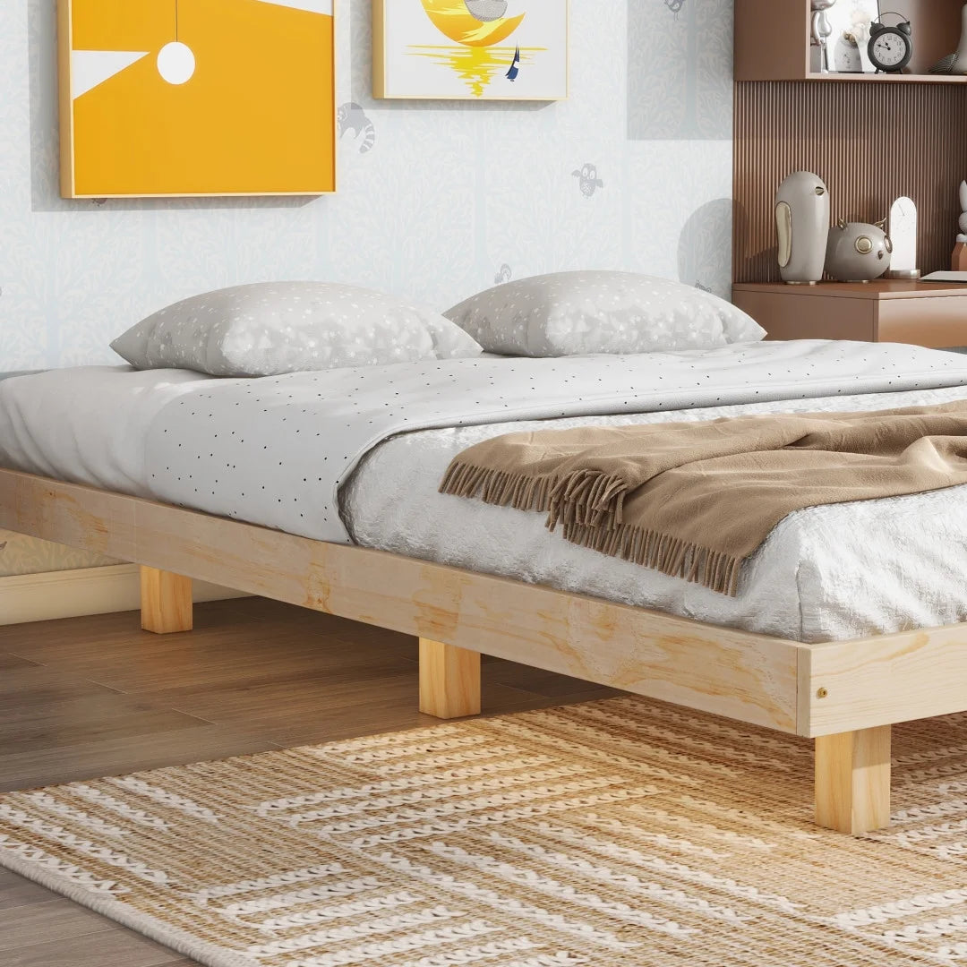 Full Size Grey Pinewood Floating Platform Bed with LED Lights B513552