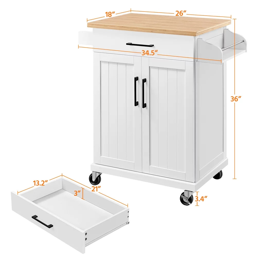 White Rolling Kitchen Cart with Storage and Spice Rack B9630