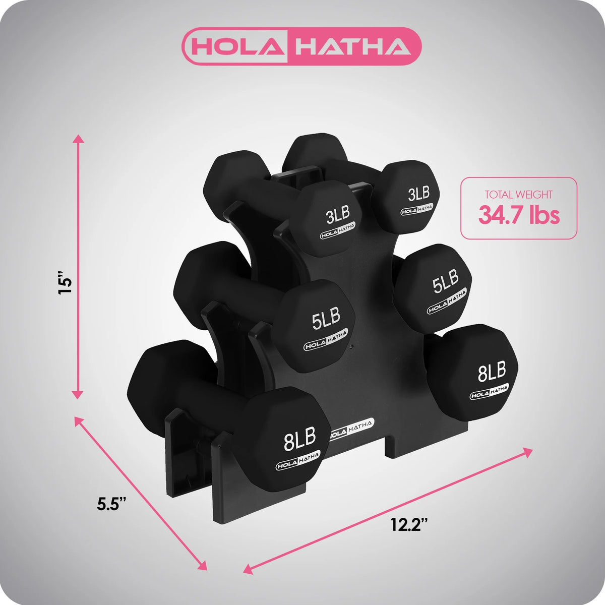 3, 5, and 8 Pound Dumbbell Hand Weight Set with Storage Rack, Black B449
