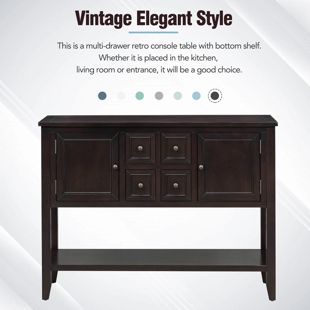 Vintage Console Table with Four Drawers and Bottom Shelf, Espresso T714