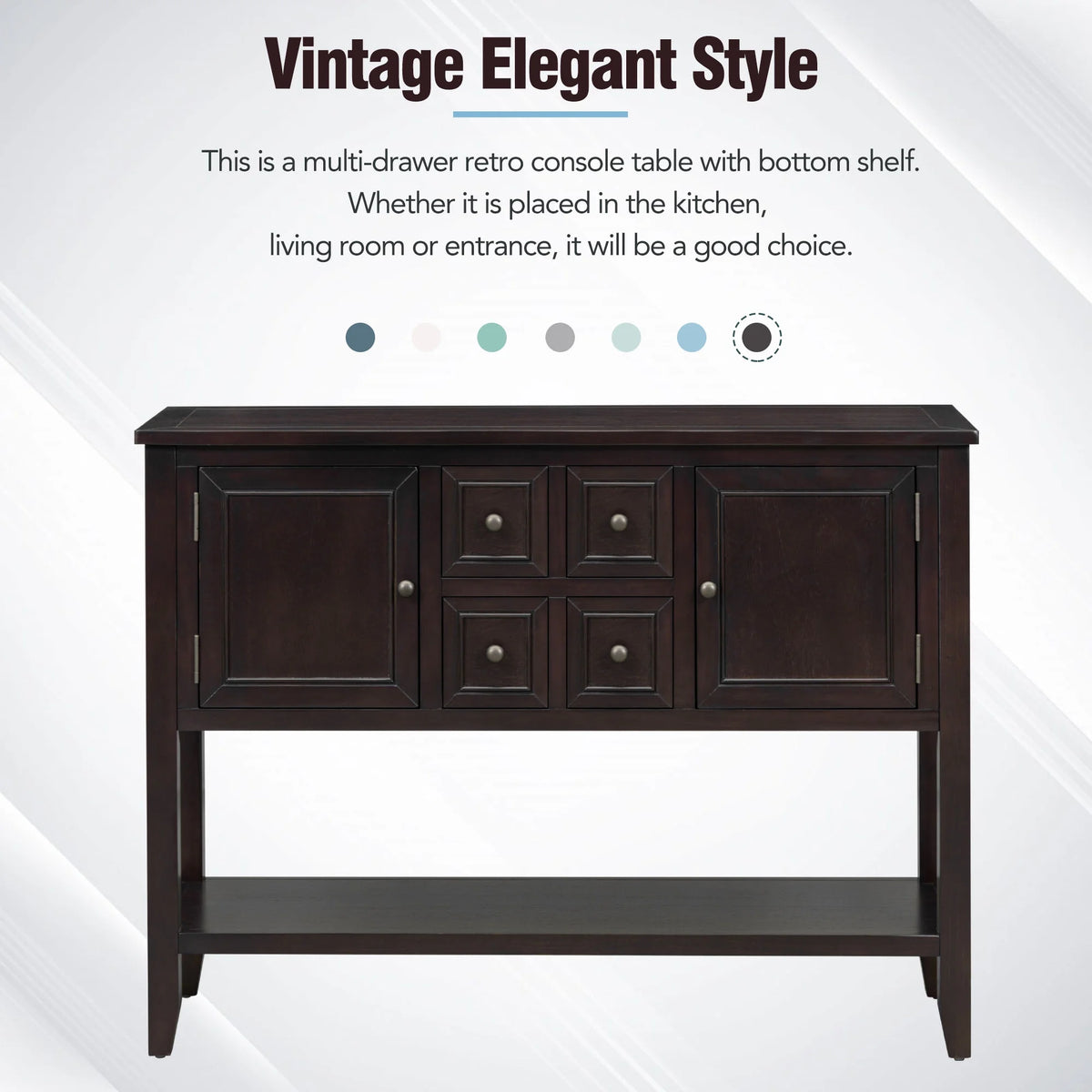 Vintage Console Table with Four Drawers and Bottom Shelf, Espresso T714