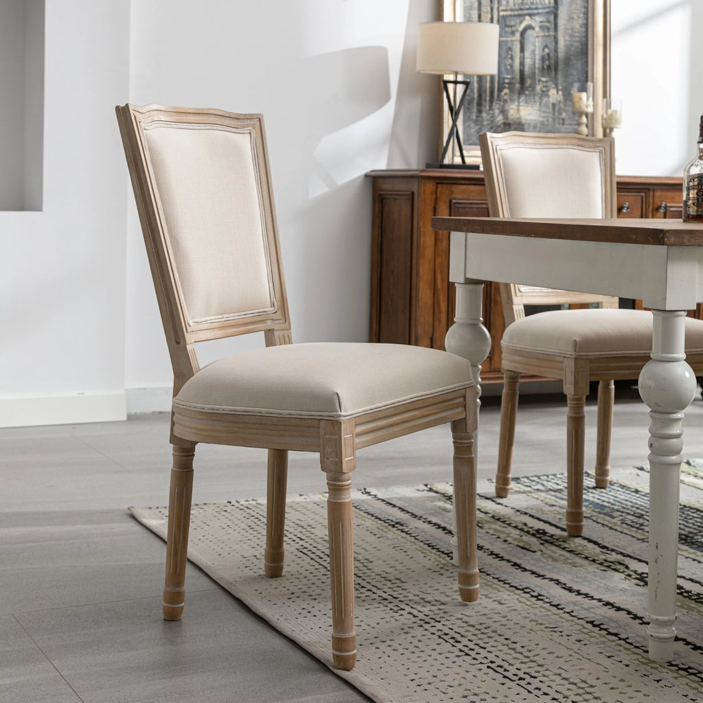French Style Solid Wood Frame Linen Fabric Rattan Back Dining Chair Set Of 2 J874