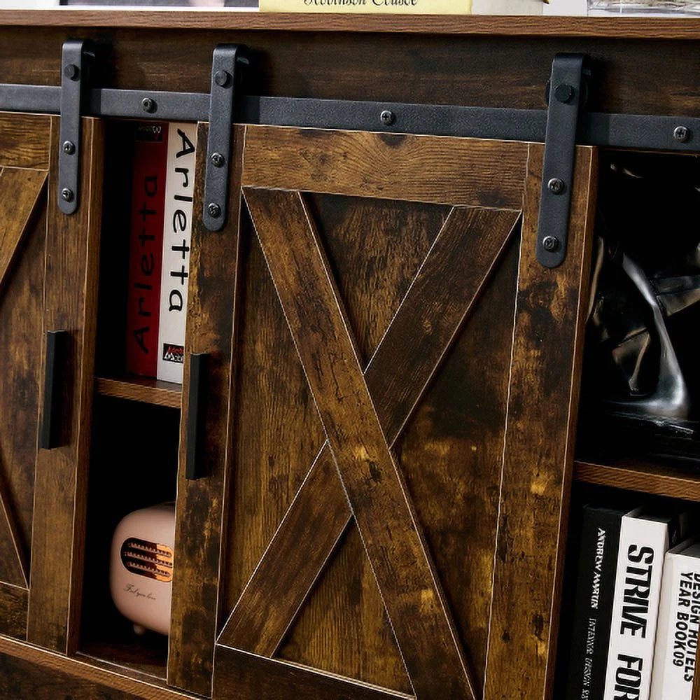 Wooden TV Stand with Storage Cabinet & 2 Sliding Barn Doors A30546