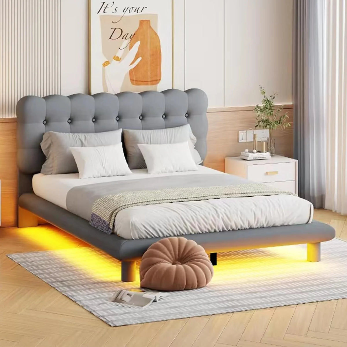 Gray Velvet Upholstered Platform Bed Frame with LED S45028