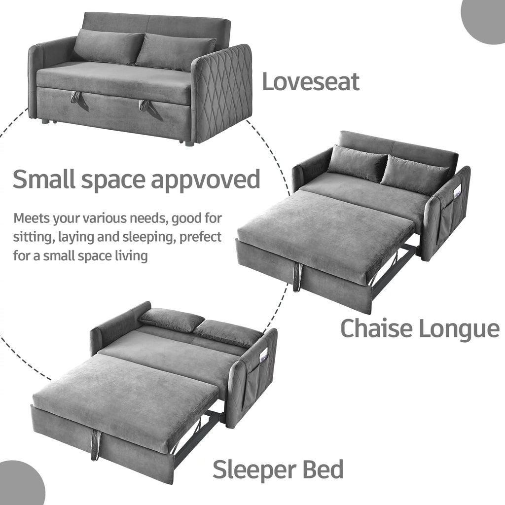 55" Velvet Pull Out Sofa Bed with 2 Pillows Y3819