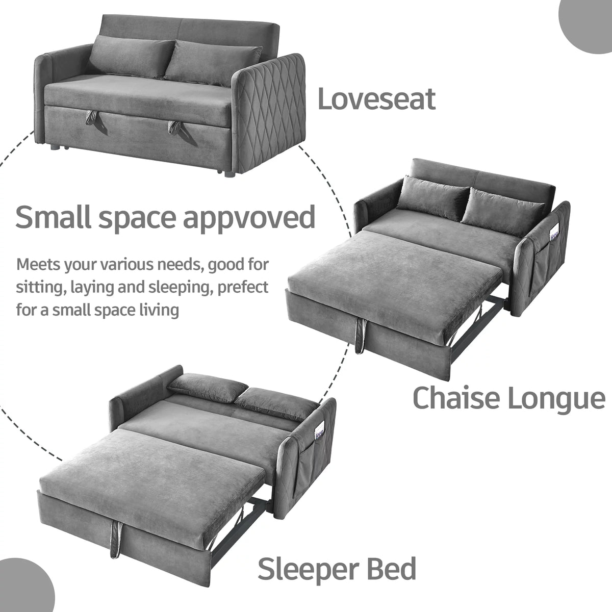 55" Velvet Pull Out Sofa Bed with 2 Pillows Y3819