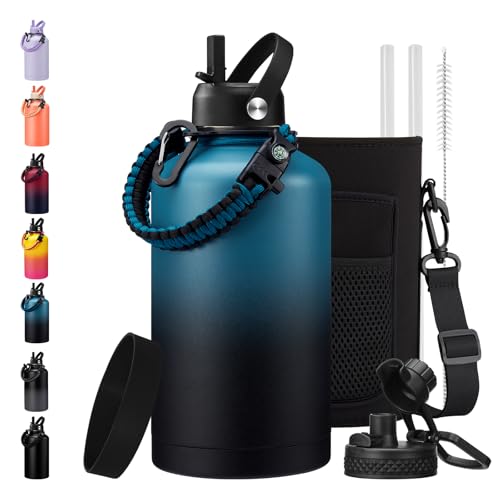 Insulated Water Bottle with Straw Lid Strap Carrier Boot & Paracord Handle P12650