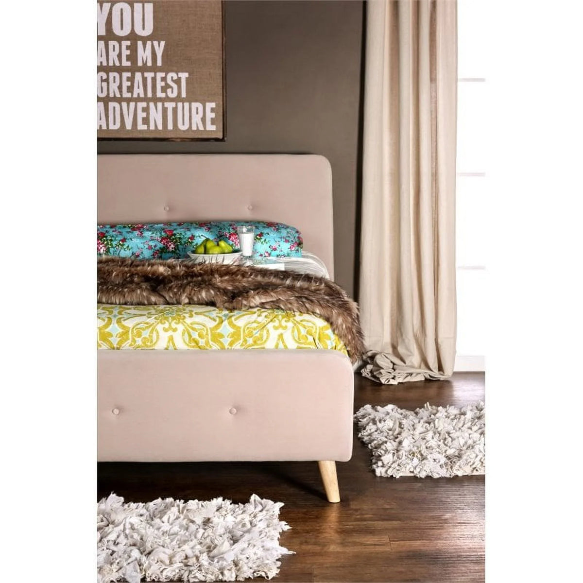 Beige Chenille Upholstered Queen Platform Bed K326706