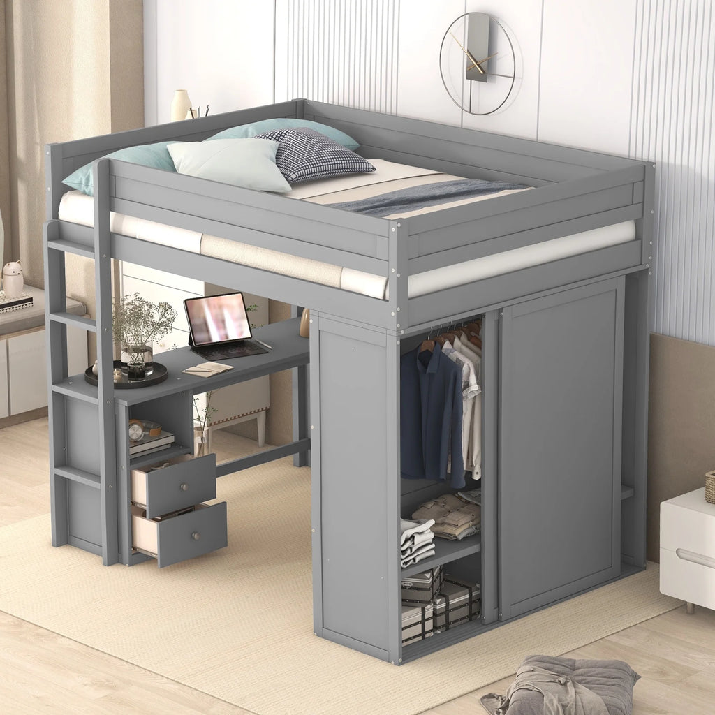 Wood Full Size Loft Bed with Storage Desk, Drawers and Wardrobe O753767