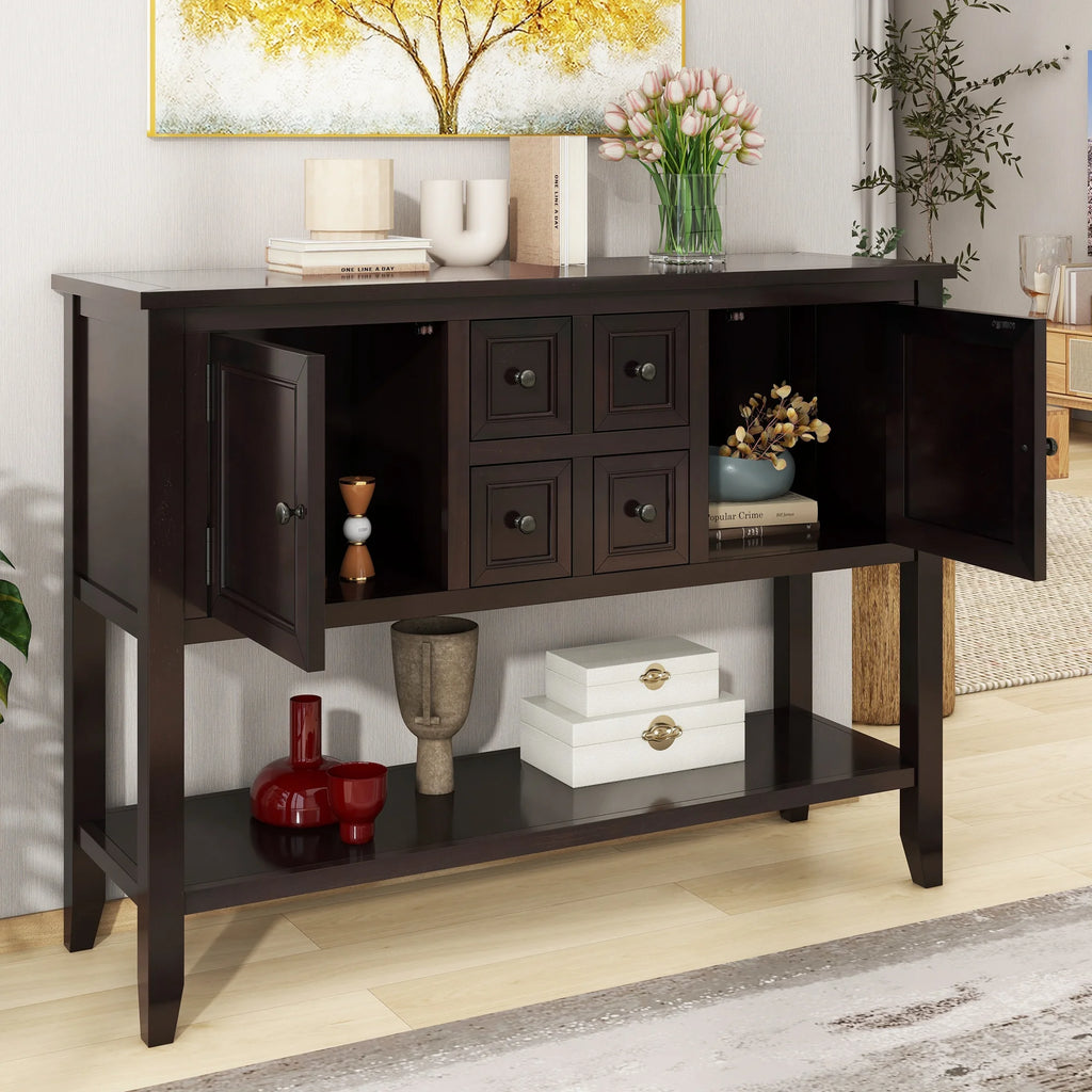 Vintage Console Table with Four Drawers and Bottom Shelf, Espresso T714