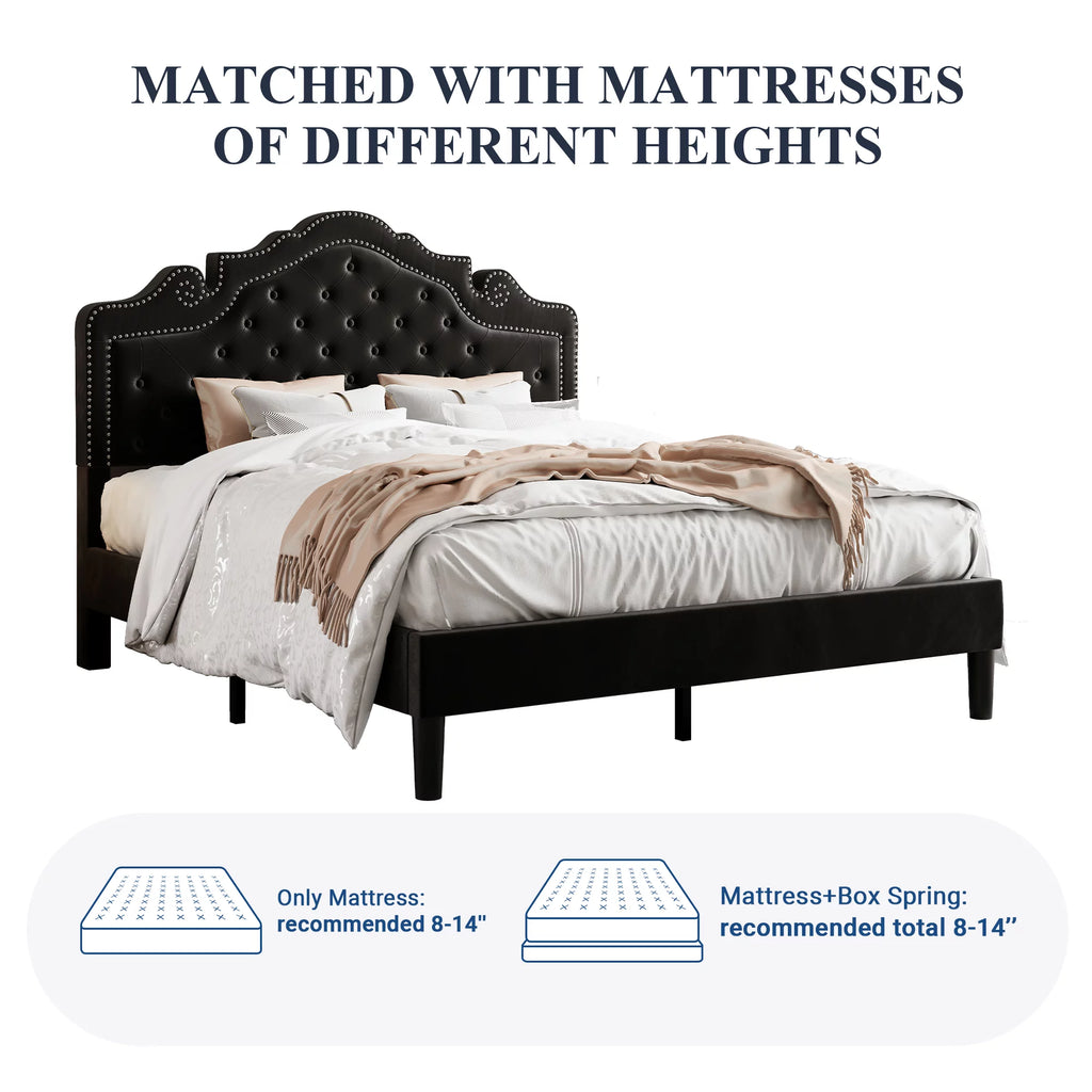 Queen Size Black Velvet Upholstered Platform Bed Frame S81536