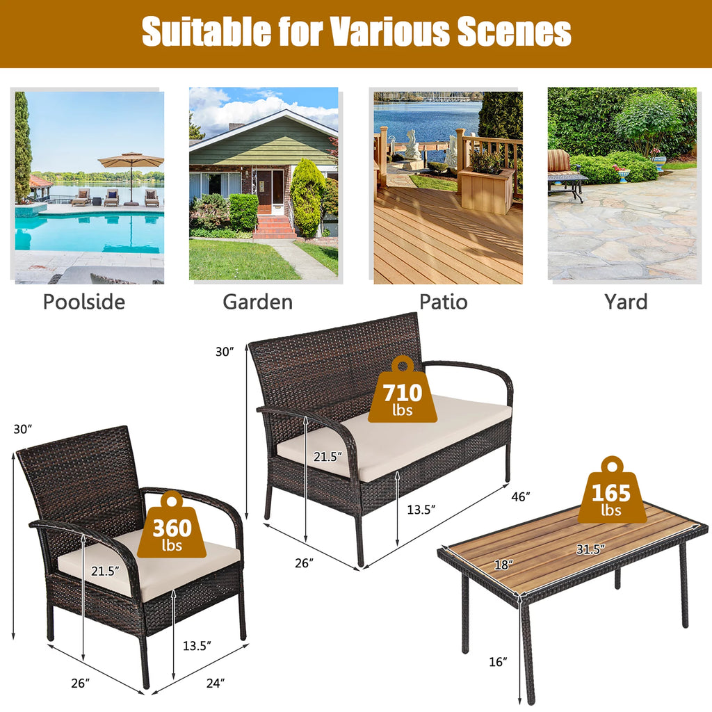 4 Pc Patio Rattan Furniture Set with Cushions L46613