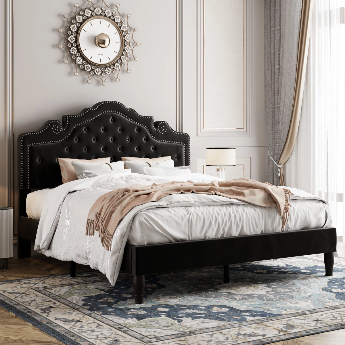 Queen Size Black Velvet Upholstered Platform Bed Frame S81536