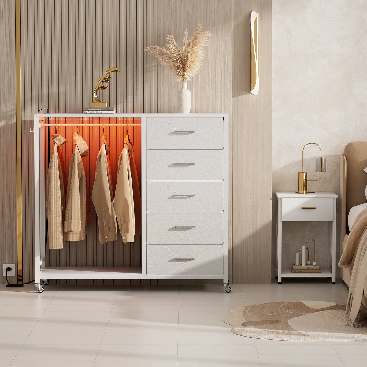 White 5 Drawer Dresser with Clothes Rack M173