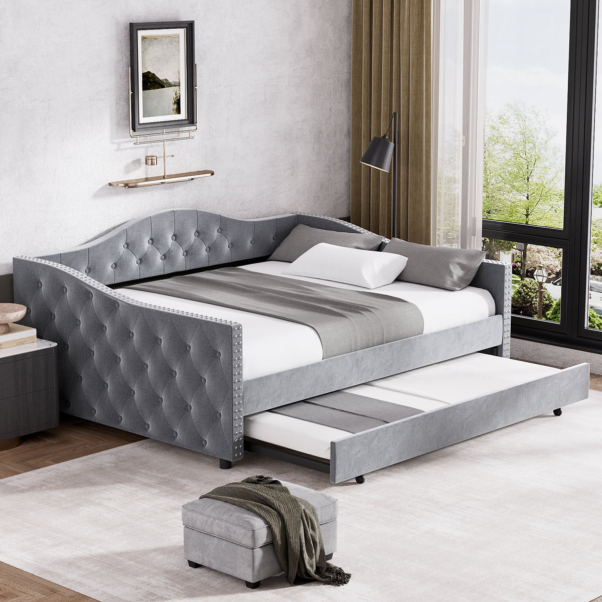 Full Size Tufted Upholstered Velvet Daybed with Trundle Q923