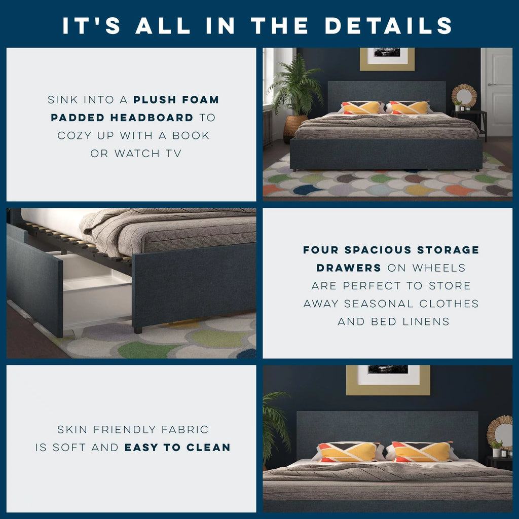 Dark Grey Linen Upholstered Storage Bed Frame A627
