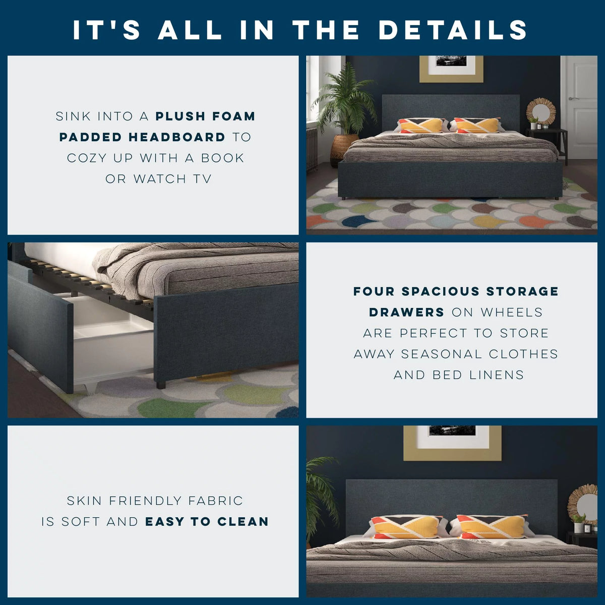 Dark Grey Linen Upholstered Storage Bed Frame A627