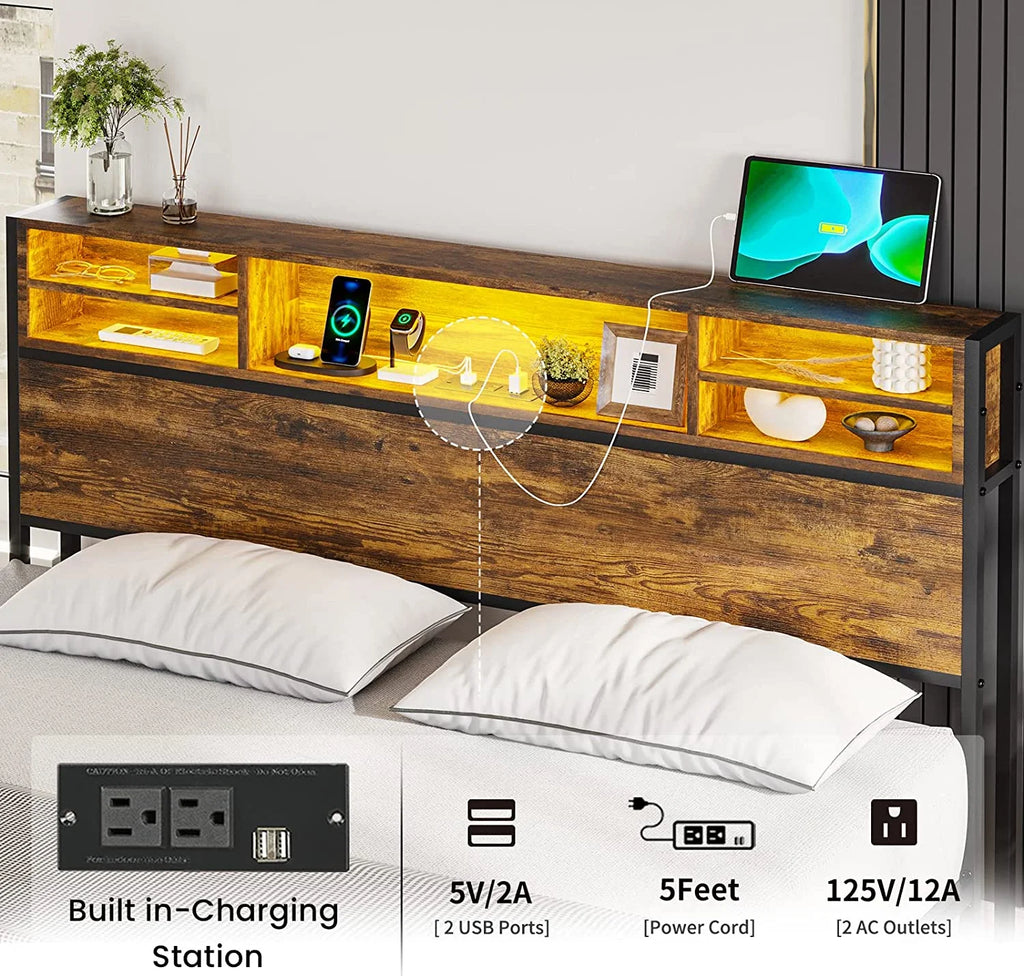 Brown LED Full Bed Frame with Outlets and Storage Drawers X24904