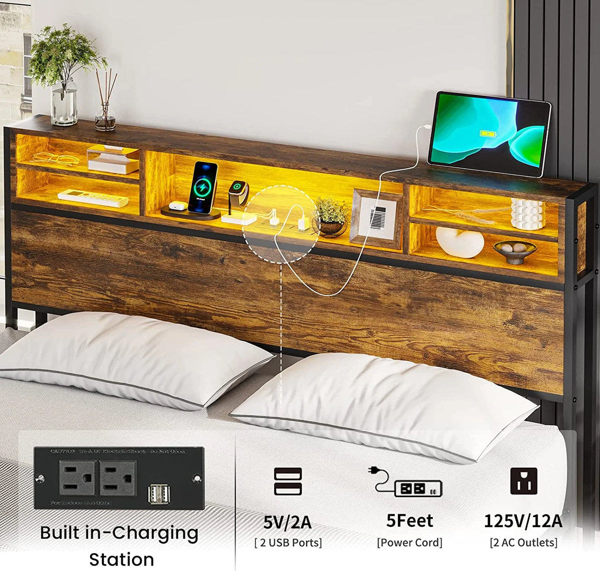Brown LED Full Bed Frame with Outlets and Storage Drawers X24904