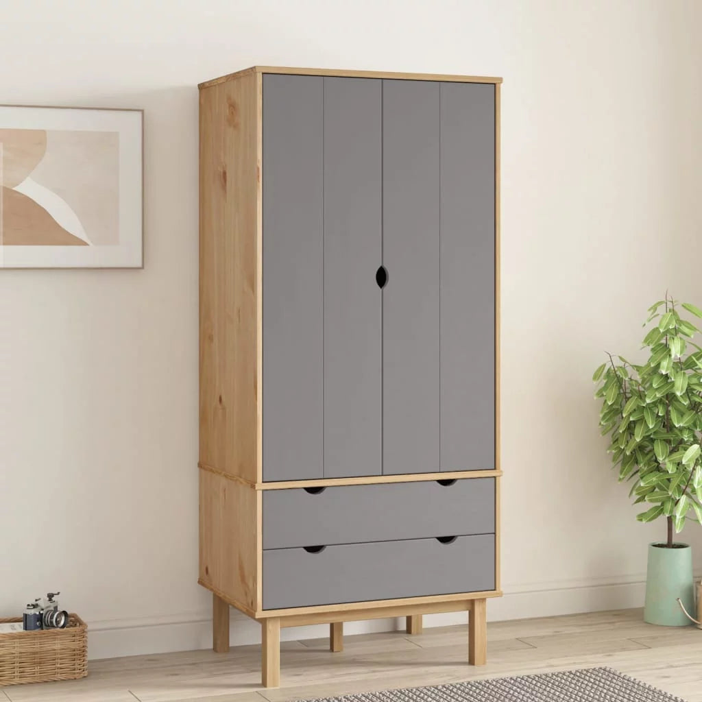 Brown and Gray Solid Wood Pine Wardrobe T305