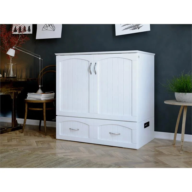 White Wood Twin XL Murphy Bed Chest with Mattress W260