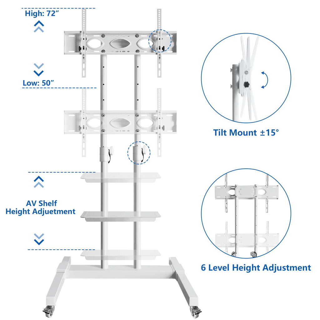 Tall TV Stand with Wheels for 32 to 85 Inch Flat Panel TVs, White Shelf X753982