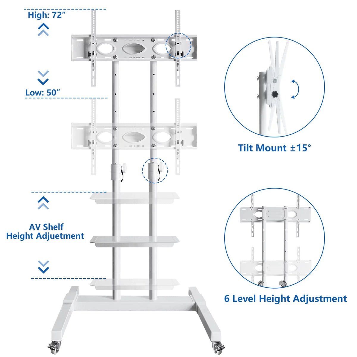 Tall TV Stand with Wheels for 32 to 85 Inch Flat Panel TVs, White Shelf X753982