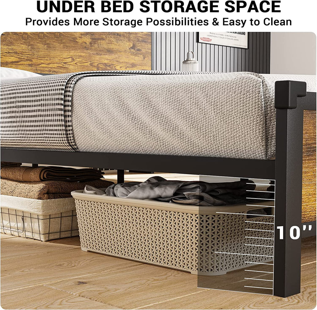 Brown LED Full Bed Frame with Outlets and Storage Drawers X24904