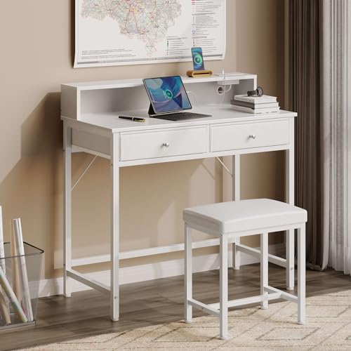 White Vanity Desk with Drawers and Charging Station O418644