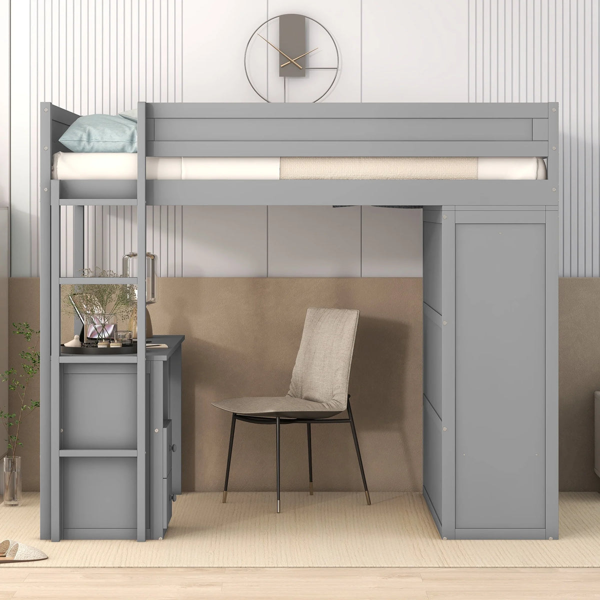 Wood Full Size Loft Bed with Storage Desk, Drawers and Wardrobe O753767