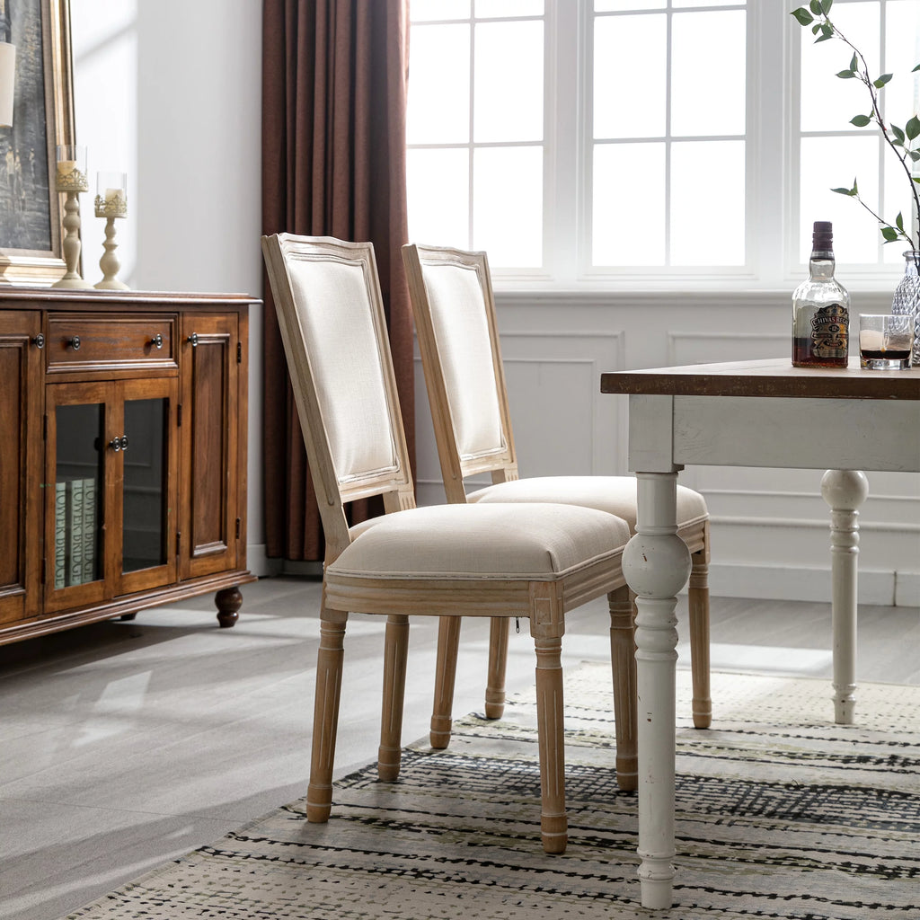 French Style Solid Wood Frame Linen Fabric Rattan Back Dining Chair Set Of 2 J874
